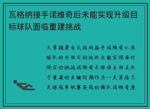 瓦格纳接手诺维奇后未能实现升级目标球队面临重建挑战